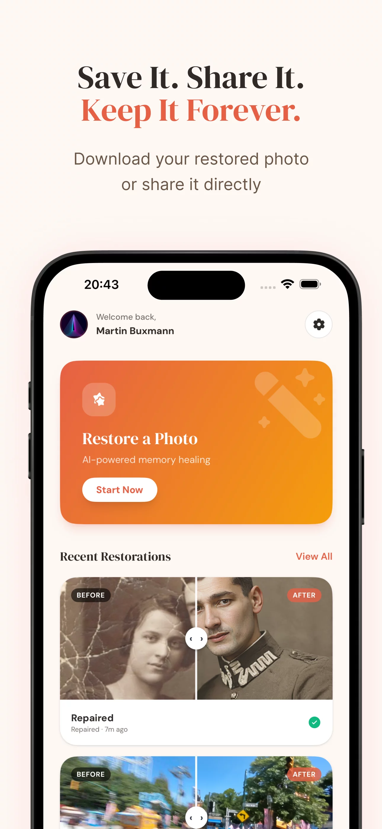 SnapRenew home dashboard with recent transformations and before-and-after previews
