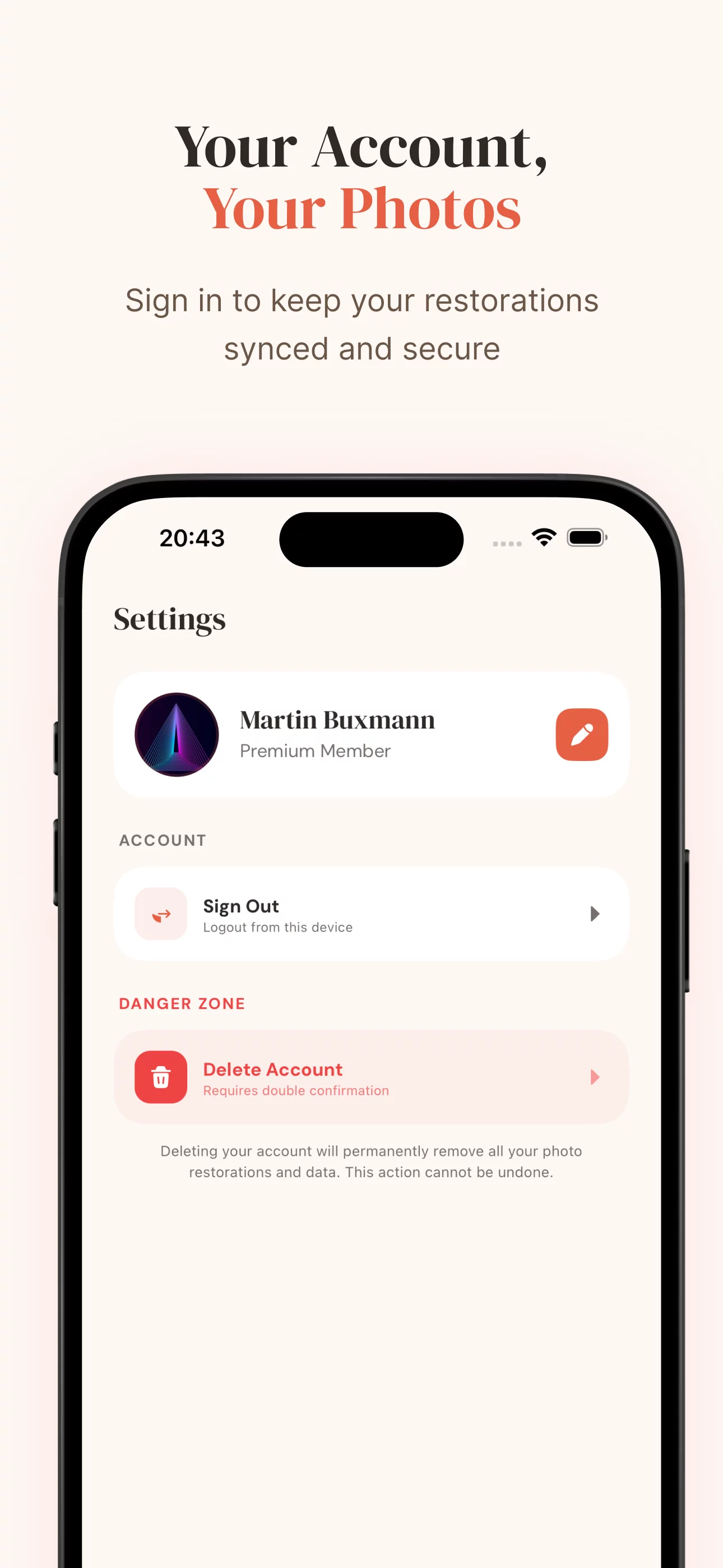 SnapRenew settings screen showing account management and premium membership